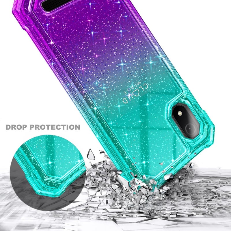 WDHD Designed for Cloud Mobile Stratus C8 Phone Case with Tempered Glass Screen Protector, Full-Body Protective Shockproof Rugged Bumper Cover for Women Girl Kids (Glitter Aqua/Purple) - Image 5